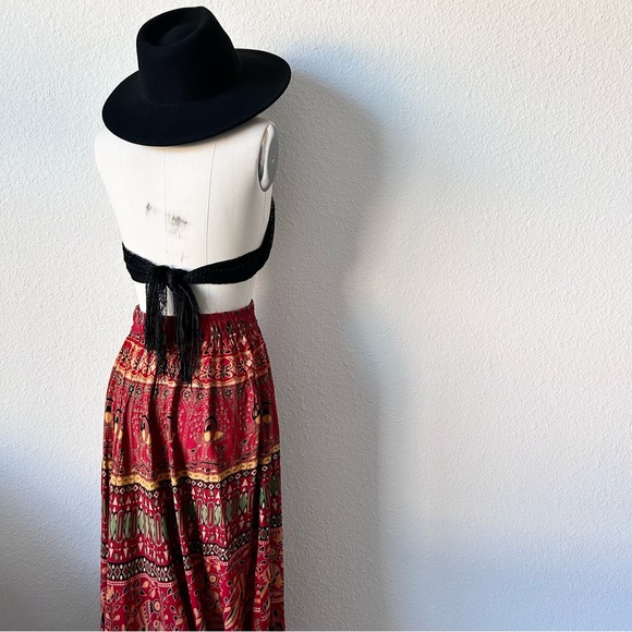 VINTAGE 1970S MULTI PRINTED RED BOHEMIAN MAXI SKIRT - Picture 3 of 7